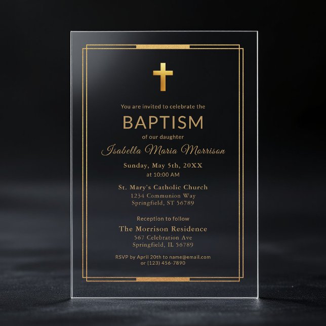 Invitations En Acrylique Croix dorée écriture typographie chic élégant bapt (Créateur téléchargé)