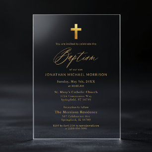 Invitations En Acrylique Croix dorée écriture typographie chic élégant bapt
