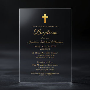 Invitations En Acrylique Croix dorée écriture typographie chic élégant bapt