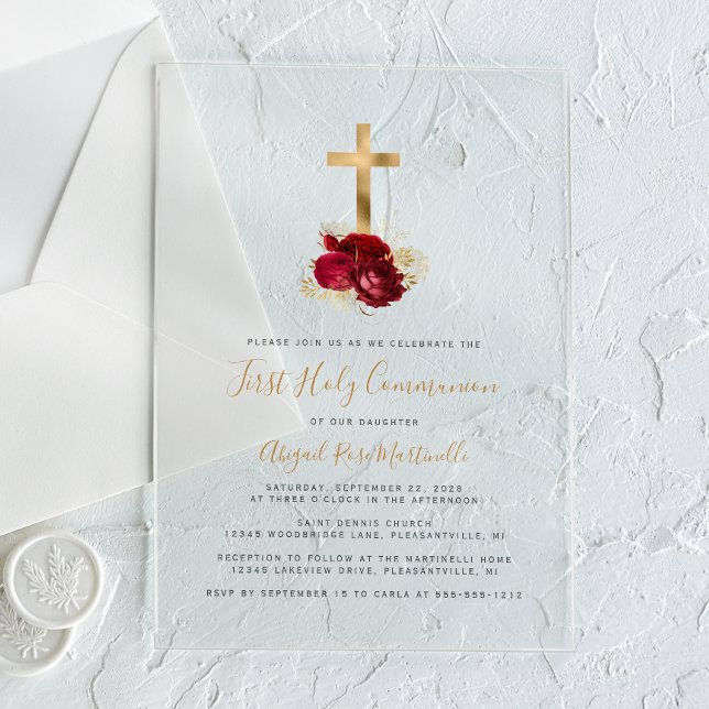 Invitations En Acrylique Croix dorée Fleurs rouges Première communion (Créateur téléchargé)