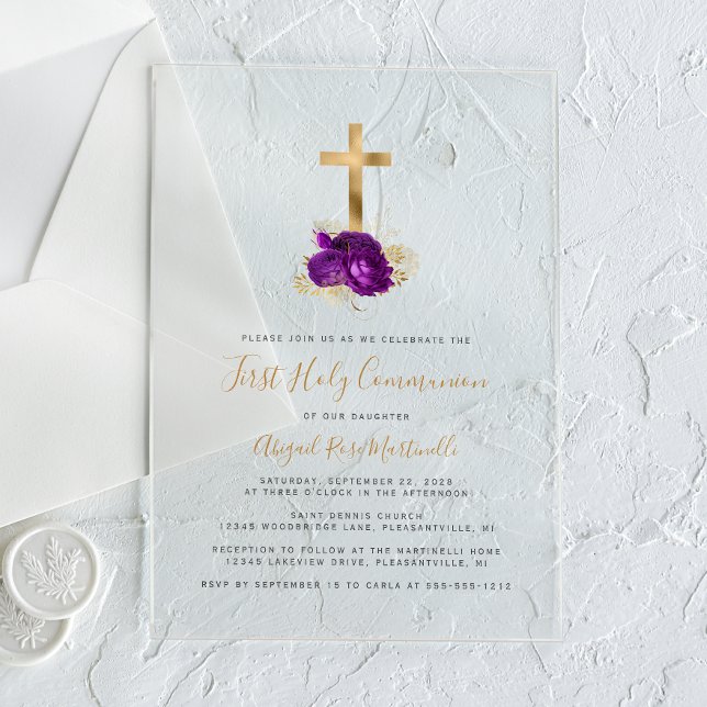 Invitations En Acrylique Croix dorée Fleurs violettes Première communion (Créateur téléchargé)