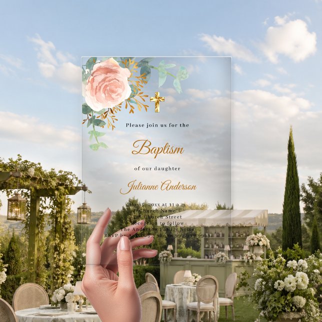 Invitations En Acrylique Croix dorée florale rose baptême luxe clair (Créateur téléchargé)