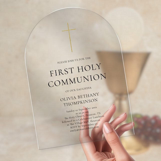 Invitations En Acrylique Croix dorée minimaliste Première Sainte Communion (Créateur téléchargé)