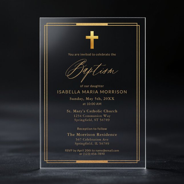 Invitations En Acrylique Croix dorée Script Typographie Chic Élégant Baptêm (Créateur téléchargé)