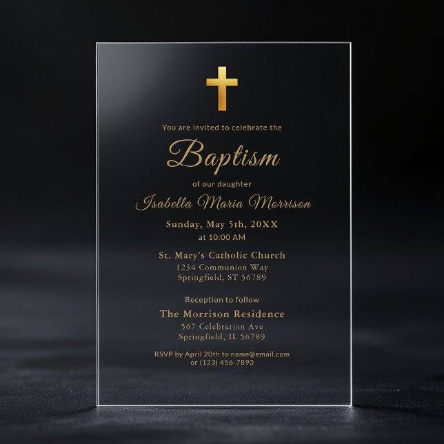 Invitations En Acrylique Croix dorée Script Typographie Chic Élégant Baptêm (Créateur téléchargé)