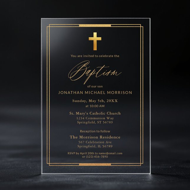 Invitations En Acrylique Croix dorée Script Typographie Chic Élégant Baptêm (Créateur téléchargé)