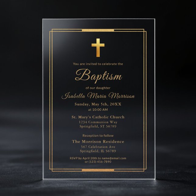 Invitations En Acrylique Croix dorée typographie script Chic Élégant Baptêm (Créateur téléchargé)