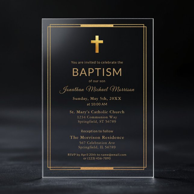 Invitations En Acrylique Croix dorée typographie script Chic Élégant Baptêm (Créateur téléchargé)