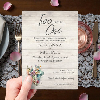 Invitations En Acrylique Croix en bois Floral Chrétien Deux en Un
