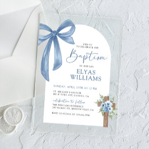 Invitations En Acrylique Croix florale à ruban bleu pour le baptême d'un ga