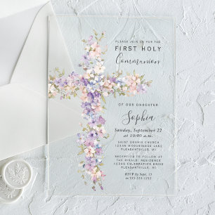 Invitations En Acrylique Croix florale aquarelle rose lilas pour la 1ère co