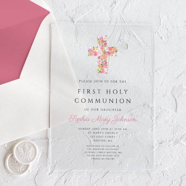 Invitations En Acrylique Croix florale rose Première communion religieuse (Pink Floral Cross Religious First Communion Acrylic Invitations)