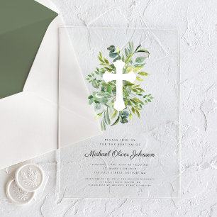 Invitations En Acrylique Croix religieuse botanique moderne de baptême