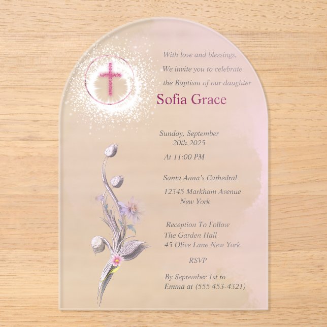 Invitations En Acrylique Croix rose douce & Fille florale Baptême Invitat I (Recto)