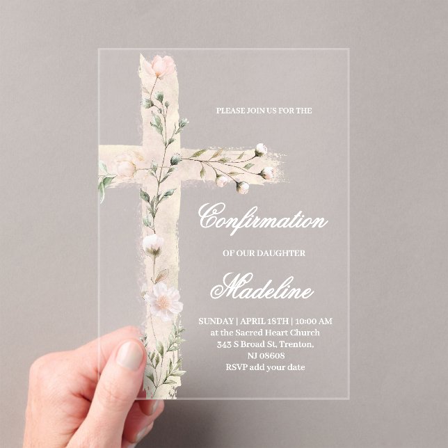 Invitations En Acrylique Croix sainte florale Confirmation (In situ (ordinateur de poche))