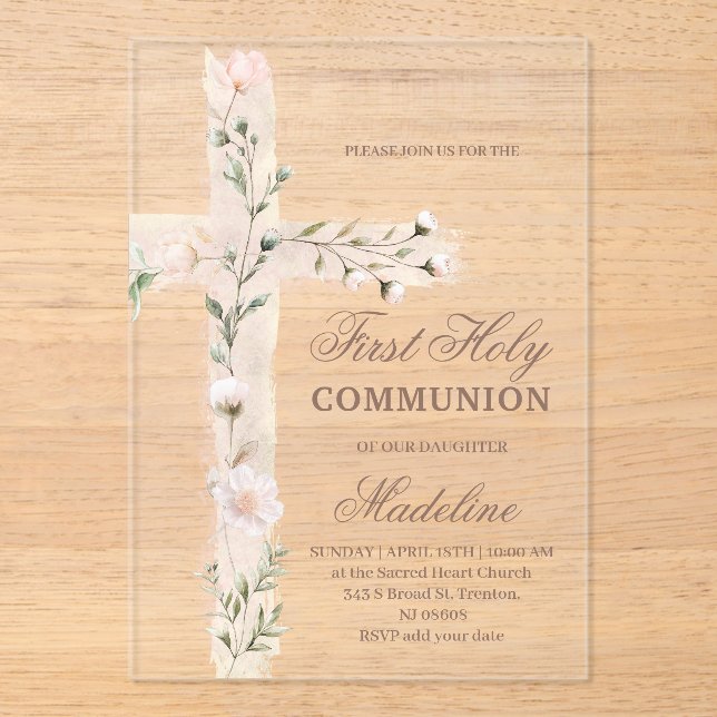 Invitations En Acrylique croix Sainte Première communion florale (Recto)