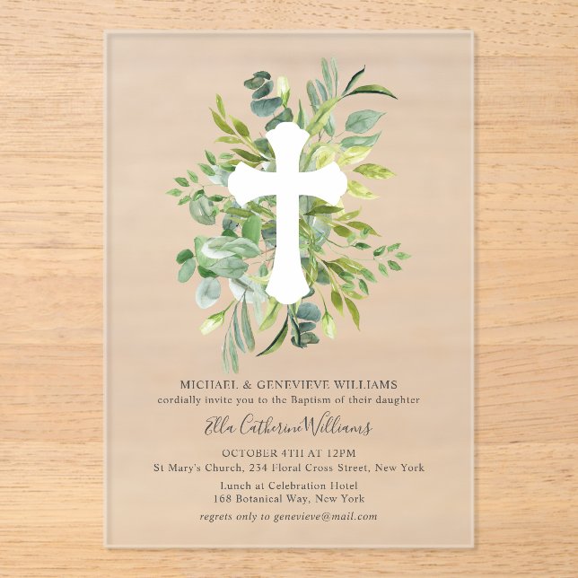 Invitations En Acrylique Croix végétale florale Baptême (Recto)