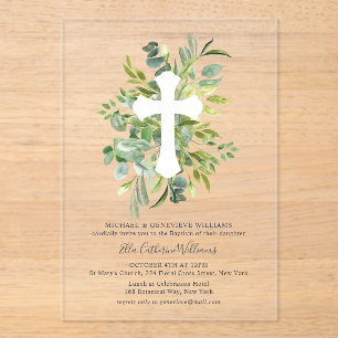 Invitations En Acrylique Croix végétale florale Baptême