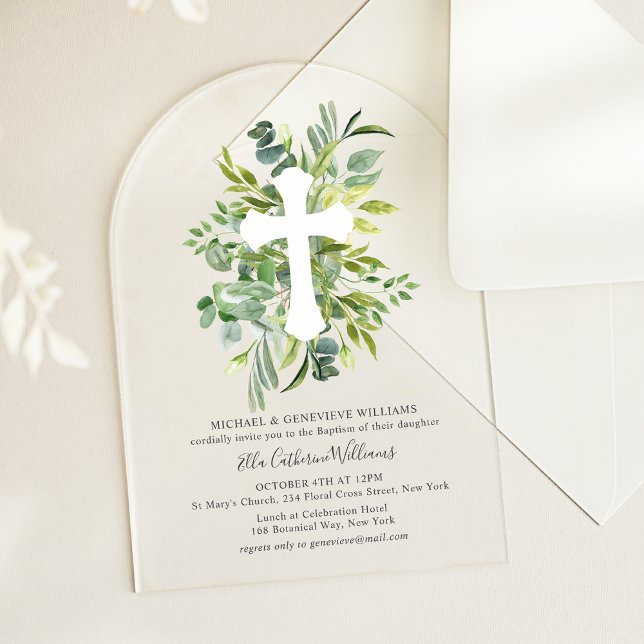 Invitations En Acrylique Croix végétale florale Baptême (Créateur téléchargé)