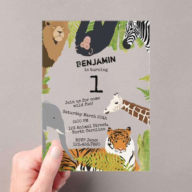 Invitations En Acrylique Customisé Mignonne Jungle Animaux Safari Anniversa (In situ (ordinateur de poche))