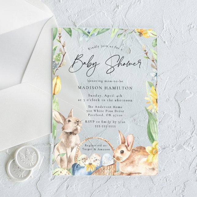 Invitations En Acrylique Cute Aquarelle Baby shower Bunnies Printemps (Créateur téléchargé)