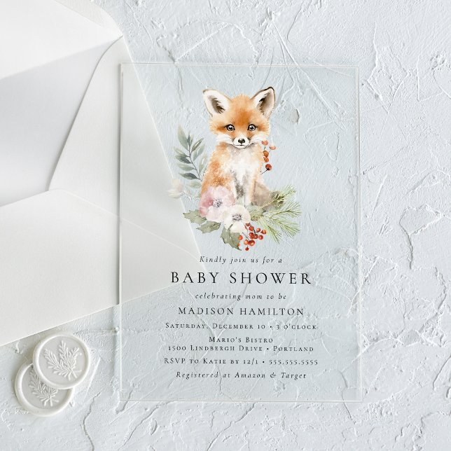 Invitations En Acrylique Cute aquarelle Fox Baby shower d'hiver (Créateur téléchargé)