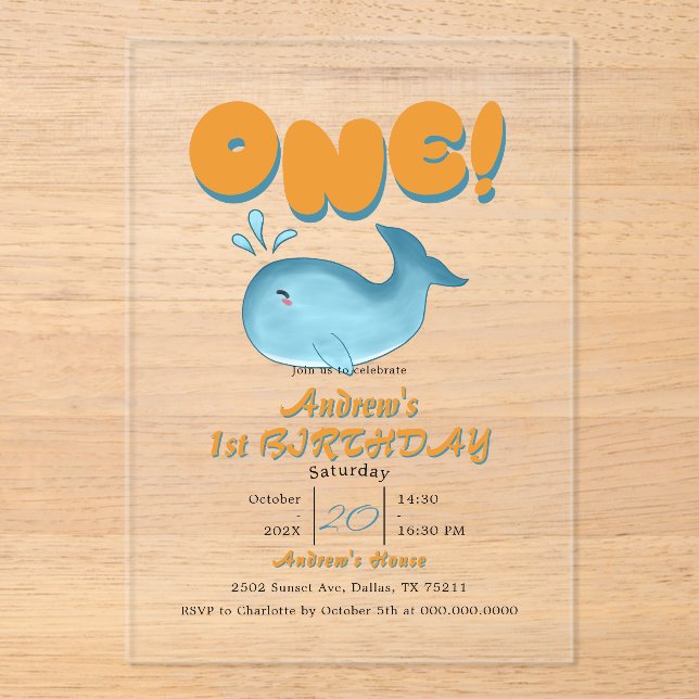 Invitations En Acrylique Cute Baby Blue Whale 1st Birthday (Recto)
