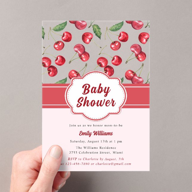Invitations En Acrylique Cute Baby shower Aquarelle rouge cerise (In situ (ordinateur de poche))