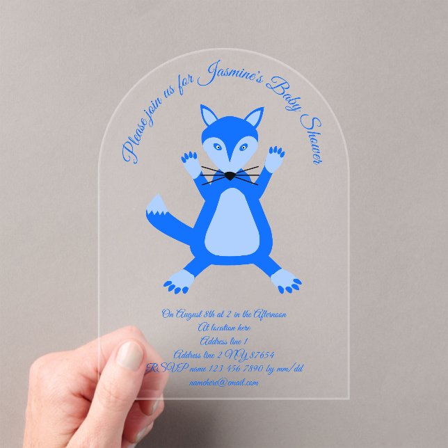Invitations En Acrylique Cute Blue Baby Boy Fox Baby shower personnalisé (In situ (ordinateur de poche))