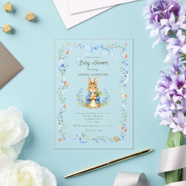 Invitations En Acrylique Cute Bunny Boy Floral Blue Bow Baby Shower  (Insitu (Mariage))