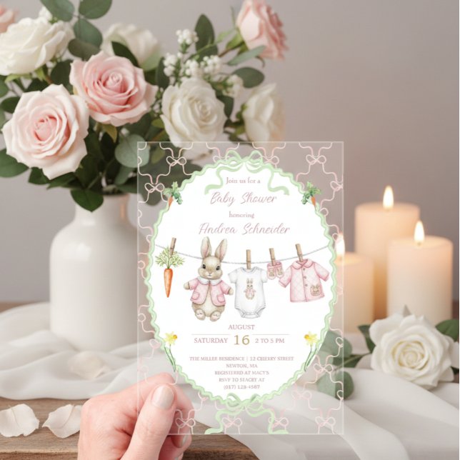Invitations En Acrylique Cute Bunny Girl Clothesline Baby Shower  (Créateur téléchargé)