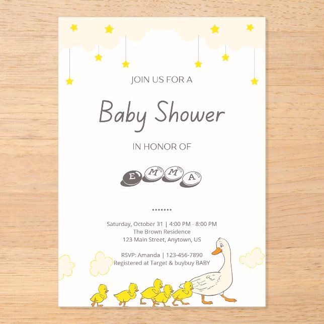 Invitations En Acrylique Cute Duck Baby Shower Illustration Minimal Style (Recto)