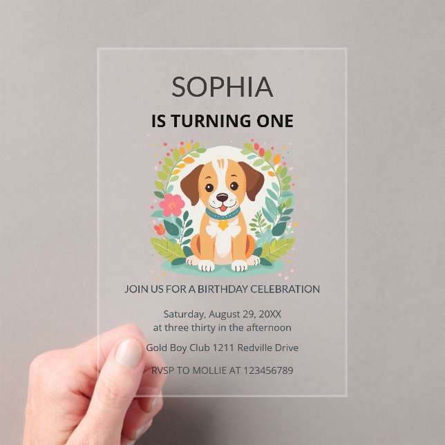 Invitations En Acrylique Cute Floral Dog Kids First Birthday  (In situ (ordinateur de poche))