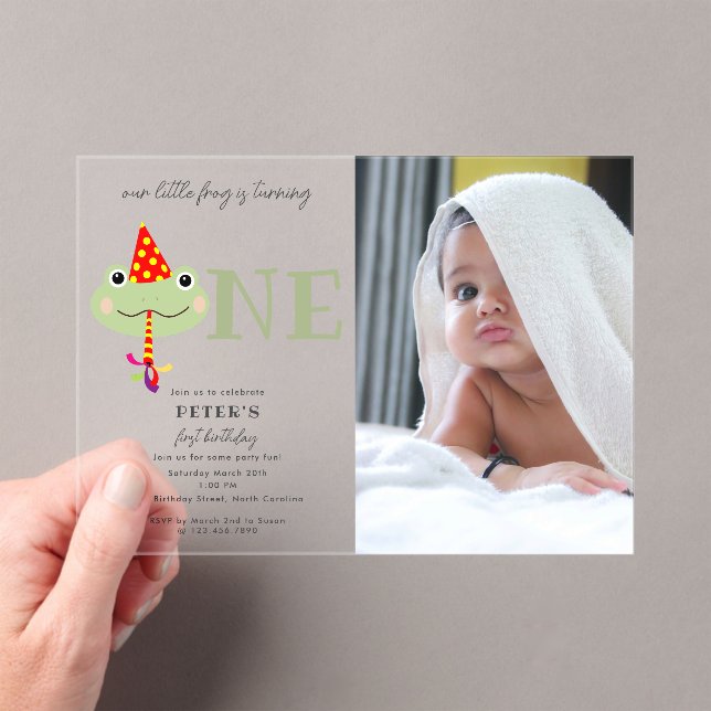 Invitations En Acrylique Cute Frog Party Hat Kids First 1st Birthday Photo (In situ (ordinateur de poche))