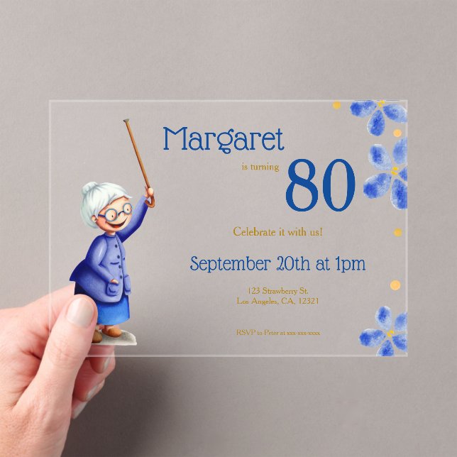 Invitations En Acrylique Cute Grandma Aquarelle Florale 80e anniversaire (In situ (ordinateur de poche))