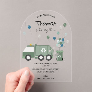 Invitations En Acrylique Cute Green Recycling Camion Boys Véhicules Anniver