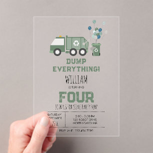 Invitations En Acrylique Cute Green Recycling Camion Boys Véhicules Anniver