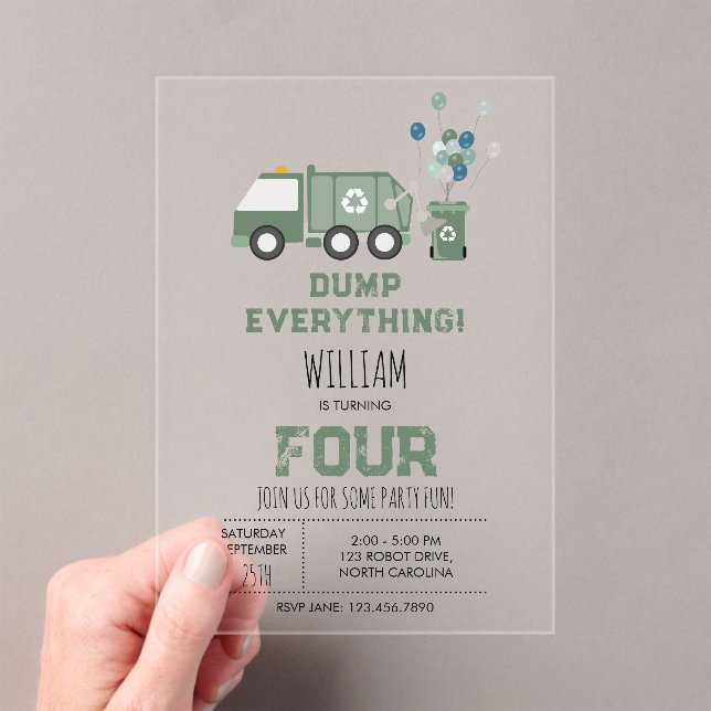 Invitations En Acrylique Cute Green Recycling Camion Boys Véhicules Anniver (In situ (ordinateur de poche))