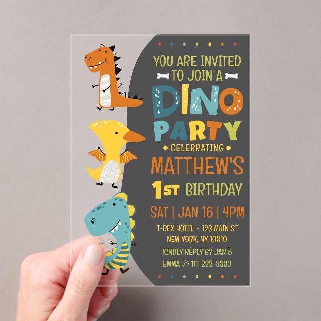 Invitations En Acrylique Cute Modern Dino Dinosaur fête d'anniversaire pour (In situ (ordinateur de poche))