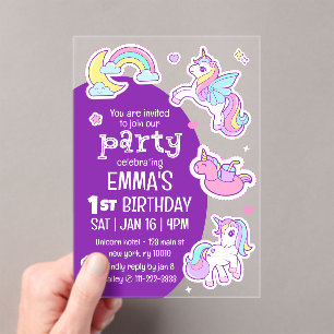 Invitations En Acrylique Cute Modern Rainbow Unicorns fête d'anniversaire p