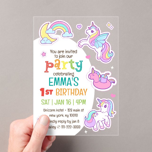 Invitations En Acrylique Cute Modern Rainbow Unicorns fête d'anniversaire p (In situ (ordinateur de poche))