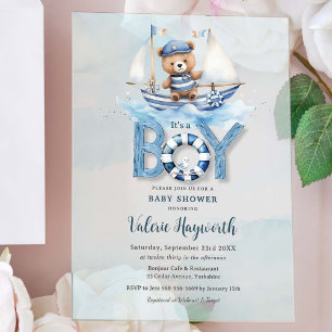 Invitations En Acrylique Cute Nautical Blue Boat Teddy Bear Boat Baby showe