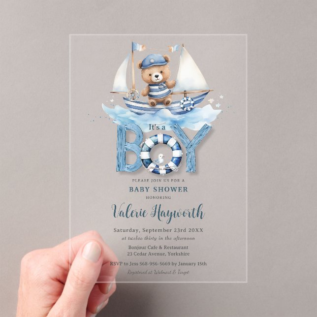 Invitations En Acrylique Cute Nautical Blue Boat Teddy Bear Boat Baby showe (In situ (ordinateur de poche))