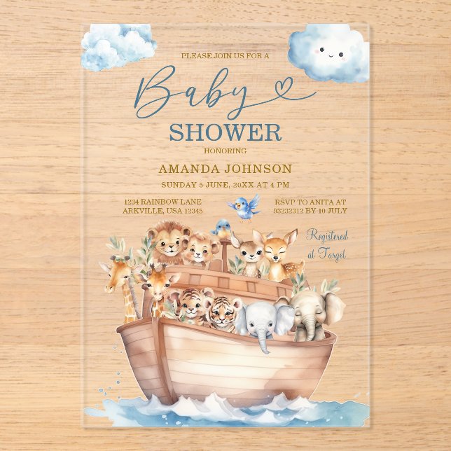 Invitations En Acrylique Cute Noah's Ark Gender Neutral Boho Baby Shower (Recto)