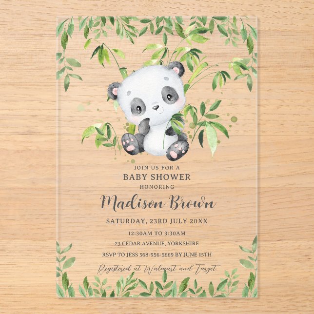 Invitations En Acrylique Cute Panda Bear Bambou Baby shower de verdure (Recto)