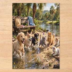 Invitations En Acrylique Cute Puppies & Kittens Riverside Adventure
