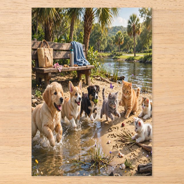 Invitations En Acrylique Cute Puppies & Kittens Riverside Adventure  (Recto)