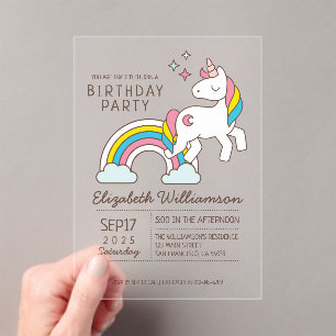 Invitations En Acrylique Cute Rainbow Unicorn Et Étincelles Anniversaire