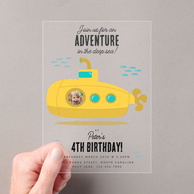 Invitations En Acrylique Cute Submarine Deep Sea Birthday Kids Photo (In situ (ordinateur de poche))