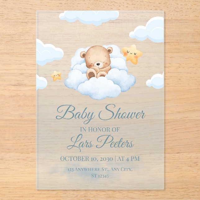 Invitations En Acrylique Cute Teddy Bear Sleeping on Cloud Baby Shower Invi (Recto)